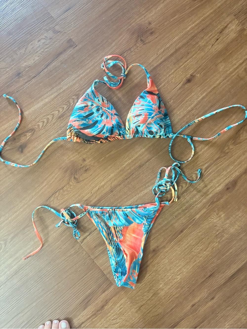 Tropical Print Tie-Side Bikini Top & Bottom - Blue & Orange